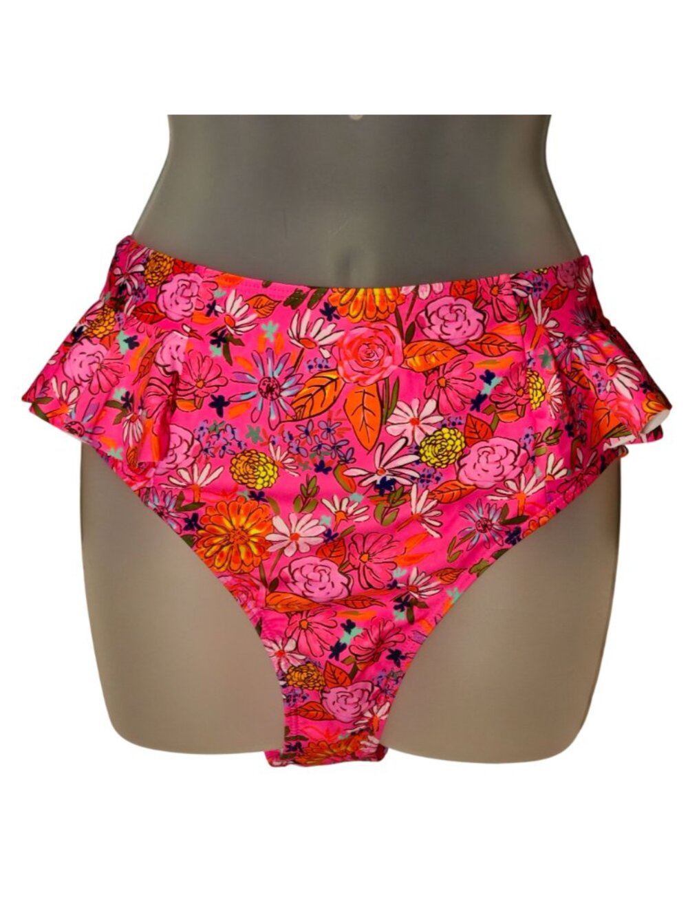 Floral Bikini Set M Pink Two Piece High Waist Ruffle Accent Adjustable Triangle - Picture 4 of 11